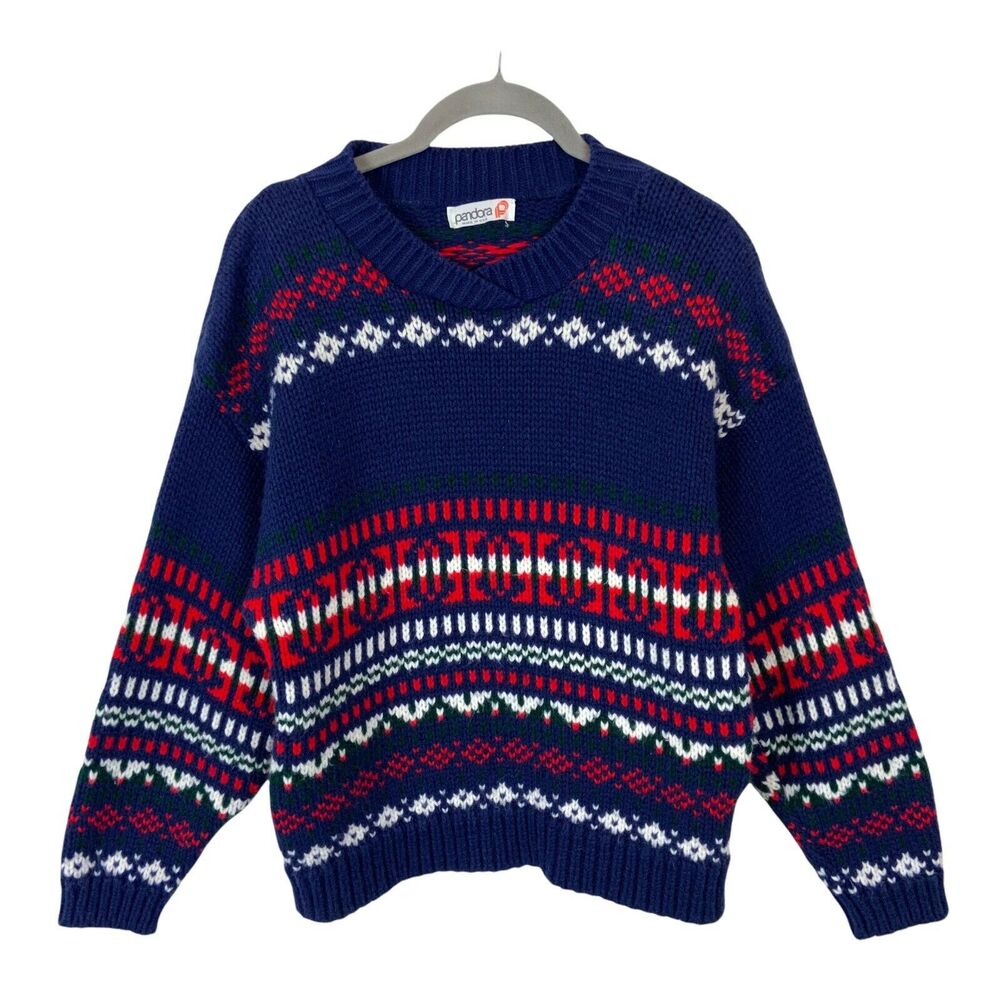 Alpine Sweater Vtg Pandora Women's Blue Red White Green Chunky Knit Size S/M